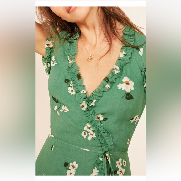 REFORMATION Green Lola Floral Boho Print Ruffle Wrap Mini Dress - Picture 10 of 10